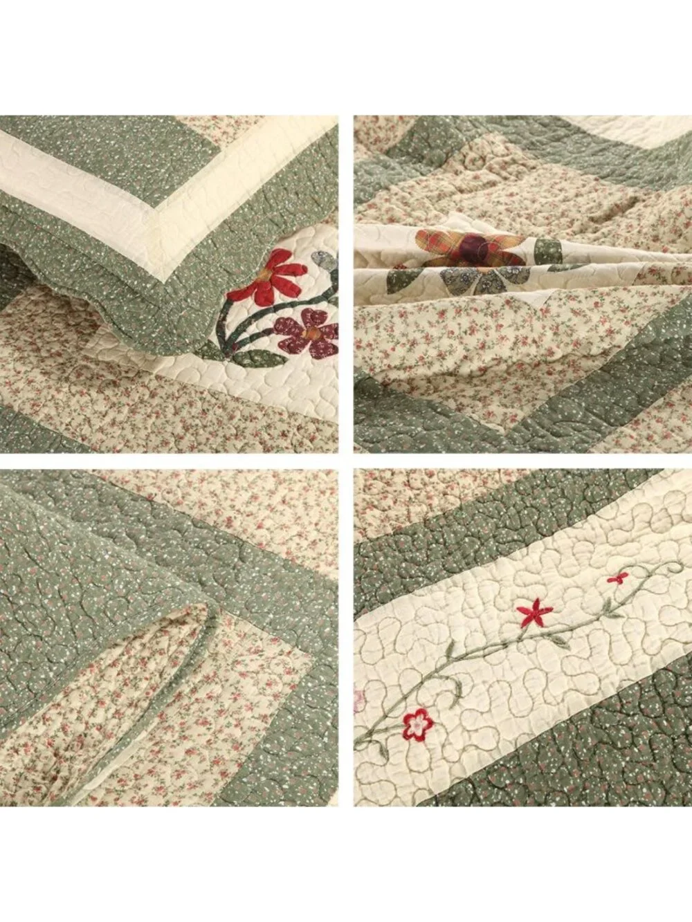 Farmhouse Green 3-Piece Quilted Bedspread Set, 100% Cotton Floral Coverlet
